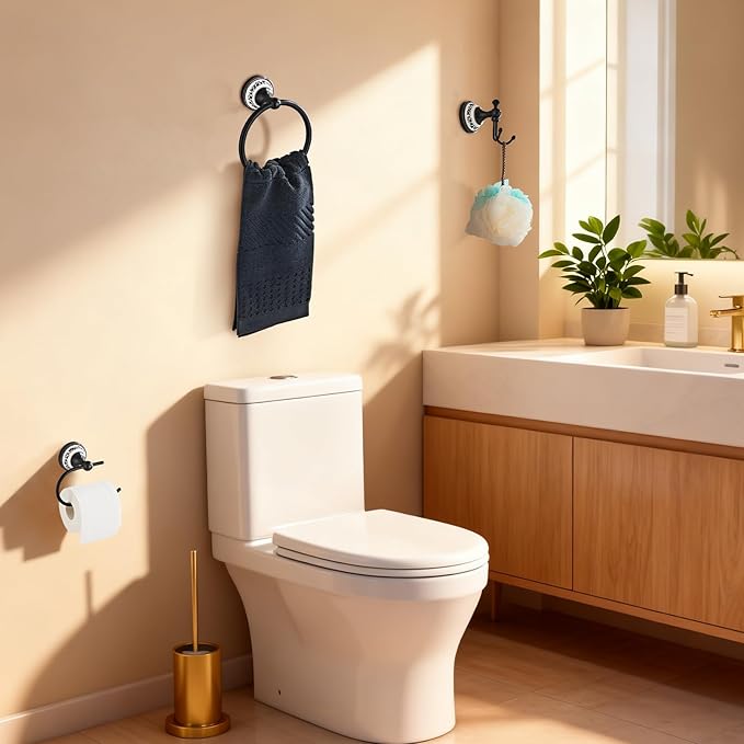 Black Towel Ring Clothes Hook Tissue Holder Three Piece Set, Bathroom Kitchen Antique Three Piece Set,Wall Mounted Bathroom and Kitchen Supplies YIGUANXIN