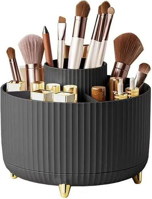 360° Rotating Makeup Brush Organizer with Gold Feet, Partitioned Storage Container, Space-Saving Cosmetic Holder & Pen Holder (Black)