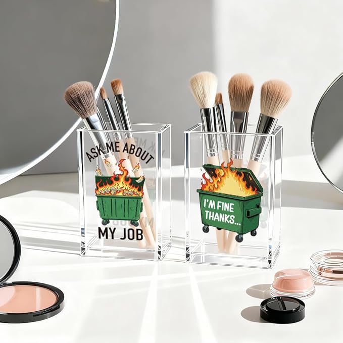 Ask Me About My Job I'm Fine Thanks Acrylic Pencil Pen Holder Cup Set 2, Funny Pencil Holder Desk Organizer, Dumpster Fire Desk Accessories, Sarcastic Office Gifts for Women Men Teacher Coworker