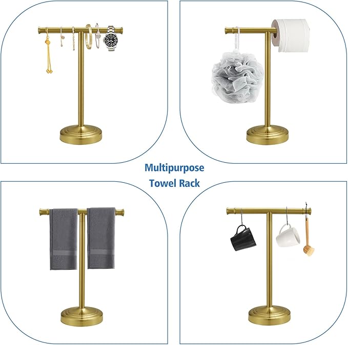 RUMOSE 13 Inch Brushed Gold Towel Stand Hand Towel Holder Bathroom Kitchen Vanity Countertop T-Shape Towel Rack Free Standing Stainless Steel Towel Bar Towel Ring