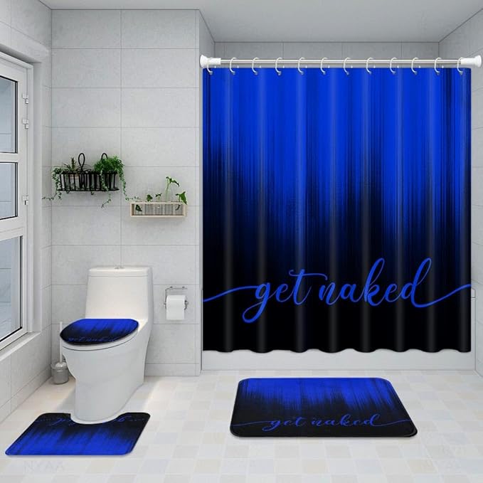 ArtSocket 4PC Blue Black Ombre Get Naked Modern Simple Shower Curtain Sets Bathroom Decor with Rugs, Non-Slip Rug,Toilet Lid Cover, Bath Mat and 12 Hooks 72x72 inches