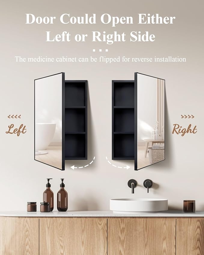 ANTIS'S HOME Medicine Cabinet, Non-recessed Matte Black Aluminum Bathroom Mirror with Storage, 16 x 24 inch Mirror Cabinet Wall Mounted Storage Cabinet, Rectangle Modern Vanity Cabinets