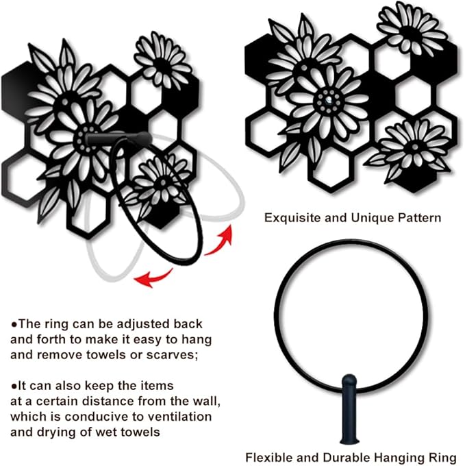 MAYJOYDIY Beehive Flowers Metal Towel Ring Honeycomb Towel Holder for Wall Flowers Leaves Plants Black Art Towel Rack Wall Mounted for Bathroom Garden Kitchen Home Decors Gift
