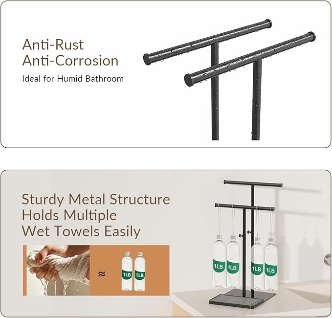 NADAMOO Towel Holder Stand, Adjustable Height 13.8"-24" Freestanding Double Bar Towel Rack with Stone Drying Tray, Wide Weighted Base, Rustproof Black Metal, for Bathroom, Kitchen Countertop