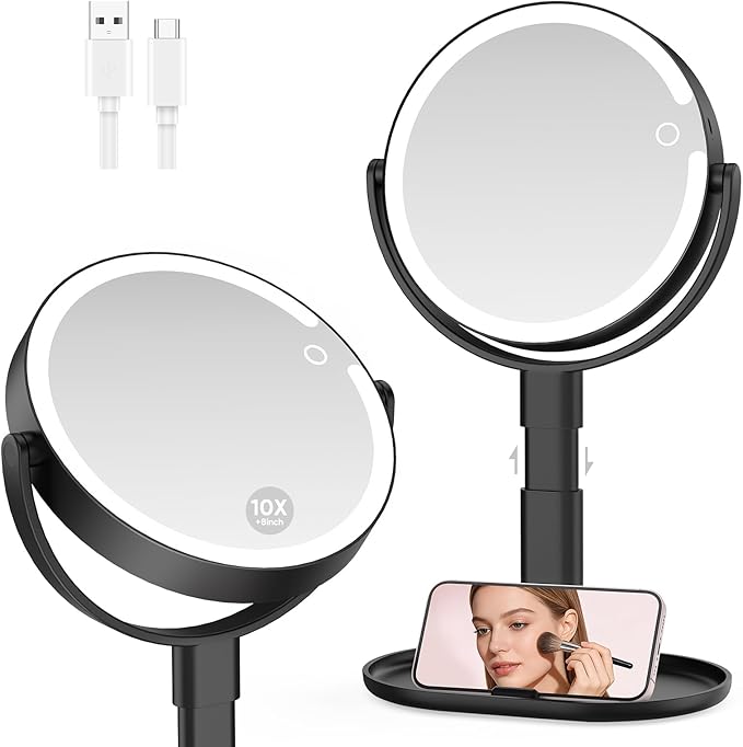 Lighted Makeup Mirror with 10X Magnification, Rechargeable LED Magnifying Vanity Mirror with 3 Lights, Adjustable Height, Storage Base and Phone Holder, Black, 8 inch
