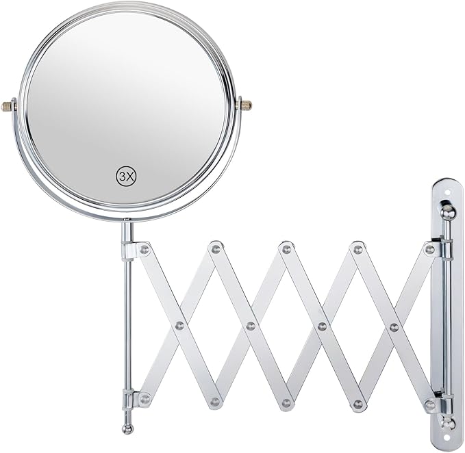 Welllink 7Inch Extendable Bathroom Makeup Mirror with Long Adjustable Arm, 1X/3X Magnification, High-Definition Glass, Chrome Finish, Space Saving Screw Mount
