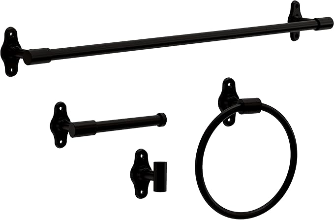 Franklin Brass Calloway 4-Piece Bathroom Set Matte Black 18" + 6" Towel Rack, Toilet Paper Holder, Hand Towel Holder, Hook | 4-Piece Bath Hardware Accessories Set CLWY64-MB