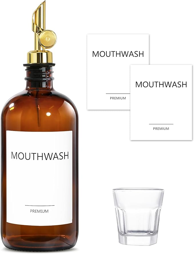 Mouthwash Dispenser for Bathroom, Glass Mouthwash Dispenser with Cup, Mouth Wash Container Bottle with Cup, Refillable Mouthwash Decanter, Amber, 1 Pack, 17oz