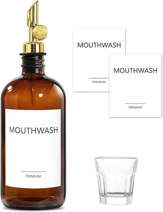 Mouthwash Dispenser for Bathroom, Glass Mouthwash Dispenser with Cup, Mouth Wash Container Bottle with Cup, Refillable Mouthwash Decanter, Amber, 1 Pack, 17oz