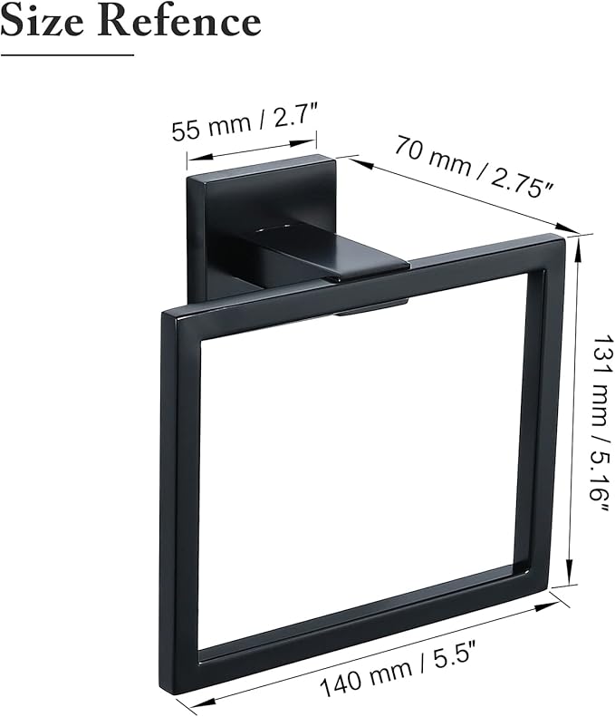 TQKAG Matte Black Towel Ring Bathroom Hand Towel Holder Stainless Steel Square Towel Hangers Wall Mounted
