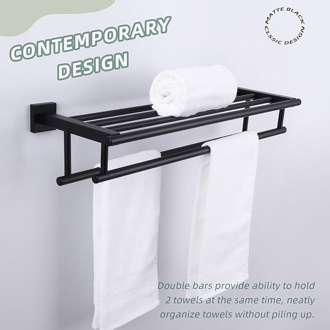 Bathroom Towel Shelf with Bar, Angle Simple Stainless Steel Bath Towel Rack, Double Towel Holder with Shelf, Wall Mount Train Rack Matte Black 23.62 Inches