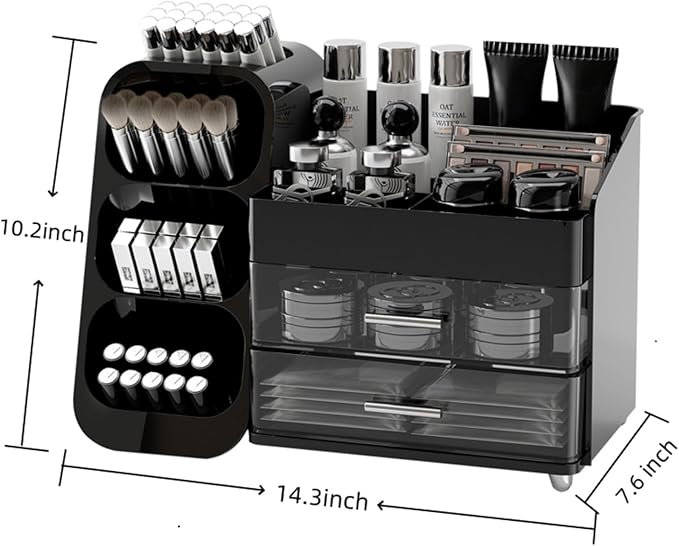 Booklov Makeup Organizer for Vanity, Large Capacity Cosmetic Display Case with Drawers, Countertop Beauty Storage Holder for Skincare, Brush Eyeliner Perfume Eyeshadow Lipsticks, Counter Desk, Black