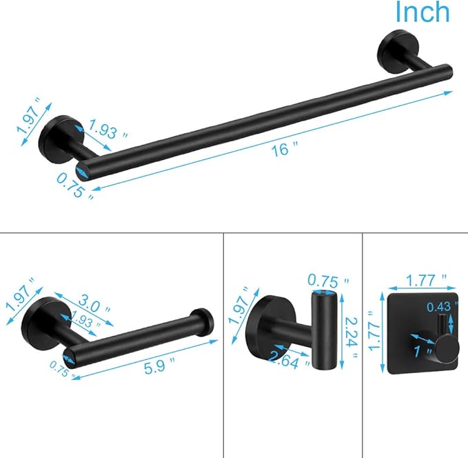 TocTen 5 PCS Bathroom Hardware Set SUS304 Stainless Steel-Towel Rack Set Include Lengthen Hand Towel Bar+Toilet Paper Holder+3 Robe Towel Hooks Bathroom Accessories Towel Bar Set(Matte Black,16IN)