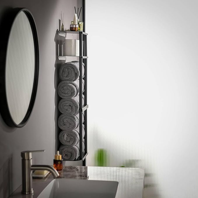 simpletome Towel Racks for Bathroom Storage Shower Organizer 31 inch Wall Mounted with Shelves Can Holds 6 Large Towels Thickened Carbon Steel (Matte Black)