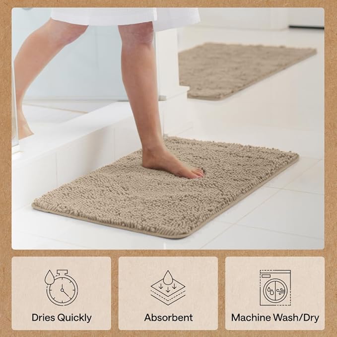 GORILLA GRIP Bath Rug Mat 48x24, Thick Absorbent Chenille, Quick Dry Microfiber Mats, Rubber Backing Washable Shower Floor Rugs, Bathmat Runner, US Designed Bathroom Home Decor Accessories Gray Beige