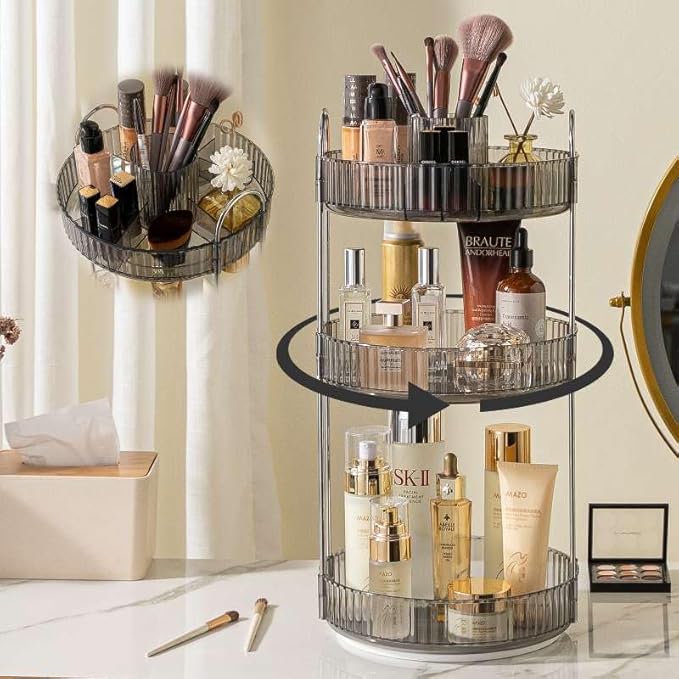 shuang qing Rotating Makeup Organizer for Vanity, High-Capacity Skincare Clear Make Up Storage Perfume Organizers Cosmetic Dresser Organizer Countertop 360 Spinning (Gray, New-3 Tier)