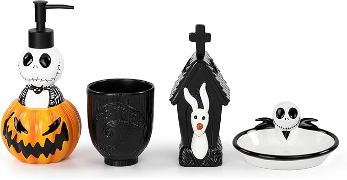 Jay Franco Disney Nightmare Before Christmas Organizer Set - 4 Piece Black and White Accessories Includes Resin Soap Dispenser, Sponge Holder, Toothbrush Holder and Tumbler - Bathroom Décor