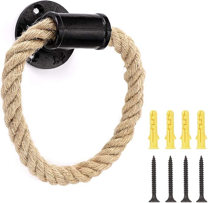 Sumnacon Industrial Pipe Rope Towel Ring - Wall-Mounted Metal Towel Rack/Bar with Hardware,Vintage Style Iron Hand Towel Holder for Shower/Bathroom/Bedroom/Kitchen, Electroplated Black Finish