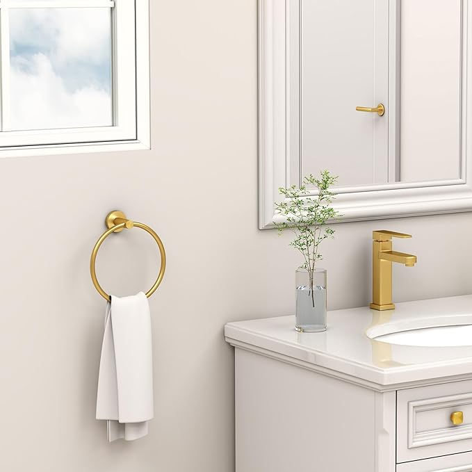 Angle Simple Bathroom Towel Ring Brushed Dark Gold, SUS304 Stainless Steel Modern Towel Holder, Swivel Hand Towel Rack Wall Mounted
