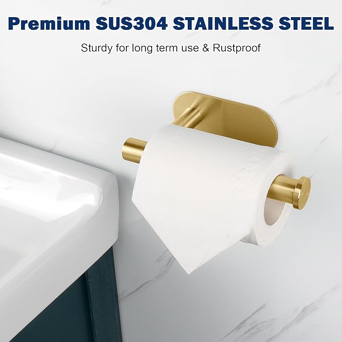 NearMoon Toilet Paper Holder Self Adhesive, Premium Thicken SUS304 Stainless Steel Rustproof Adhesive Toilet Roll Holder no Drilling for Bathroom, Kitchen, Washroom (1 Pack, Brushed Gold)