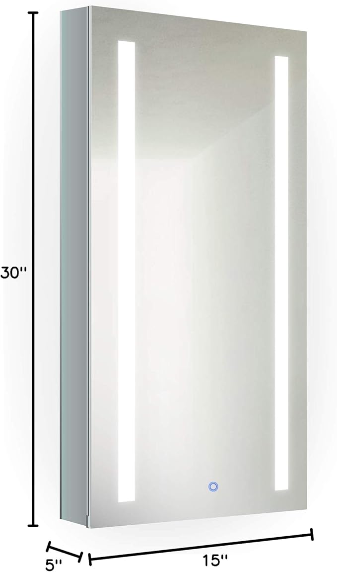 Krugg Kinetic LED Medicine Cabinet| Recessed or Surface Mount Mirror Cabinet w/Dimmer & Defogger (15"x30" Right Hinge)