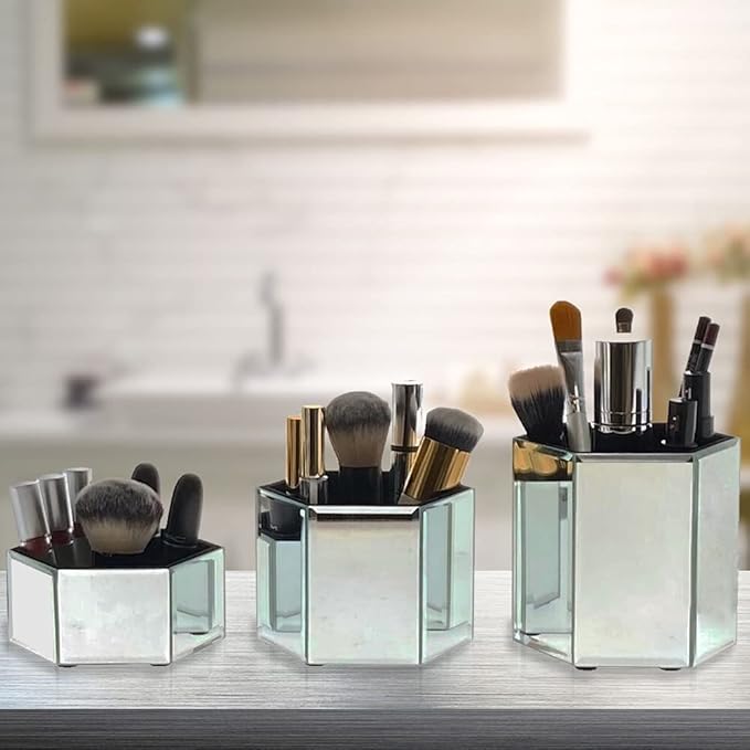 OnDisplay Tressa Set of 3 Hexagon Mirrored Trays for Makeup/Cosmetics, Brushes, Office, Jewelry and Accessories (Silver)