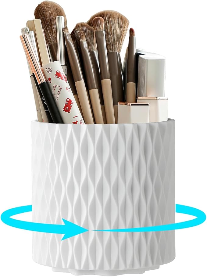 Makeup Brush Holder Organizer, 360?? Rotating 5-Slot Make up Brushes Cup for Cosmetic, Lipstick, Hair Brush Holder - Spinning Vanity Countertop Caddy for Bathroom, Dorm & Office, White