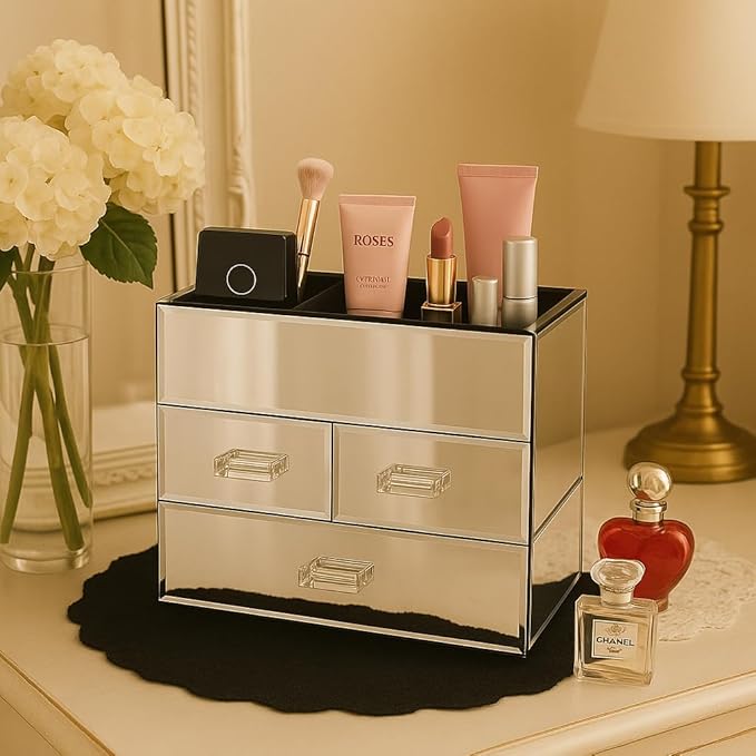 OnDisplay Miro 3 Drawer Mirrored Glass Makeup Organizer – Tiered Cosmetic Storage Box with Velvet Lined Compartments, Crystal Handles & 3 Pull Out Drawers for Vanity, Jewelry & Brushes (Silver)