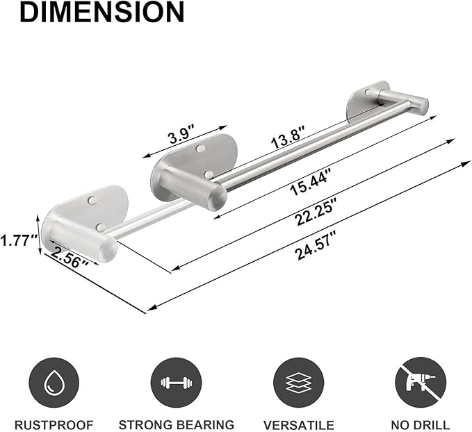 TocTen Self Adhesive Towel Bar, Stick Bath Towel Rack for Bathroom Adjustable 16-24", Stainless Steel Bathroom Towel Holder, No Drill Stick on Wall Towel Hangers for Bathroom(Brushed Nickel)
