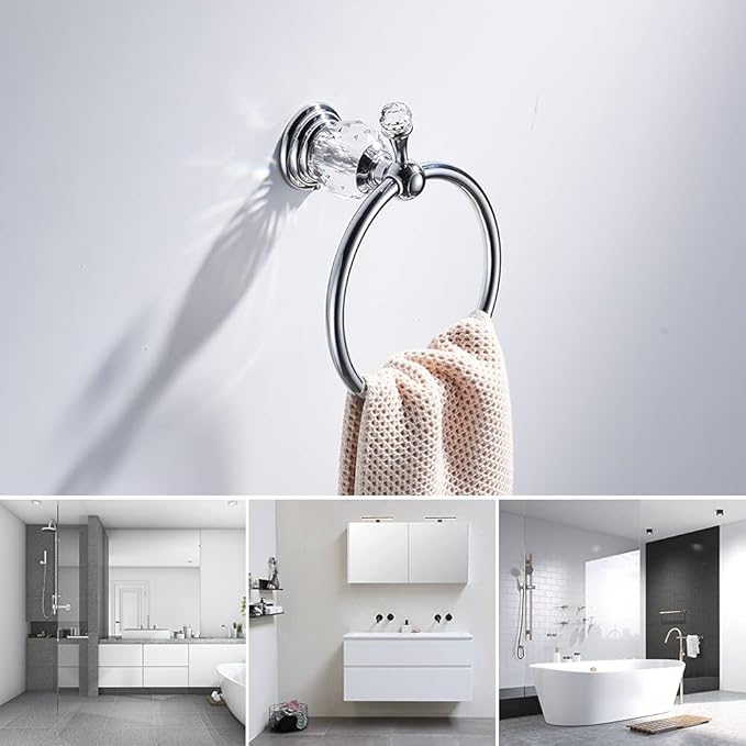 WOLIBEER Chrome Towel Ring, Crystal Hand Towel Holder Polished Bath Towel Bar Bling Bathroom Accessories Wall Mounted