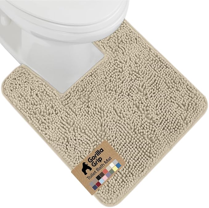 GORILLA GRIP Plush Absorbent Shaggy Chenille Bath Rug Mat for Square Toilet Base with Rubber Backing, Machine Washable Rugs, Soft Microfiber Contour Mats for Toilets, Bathroom Decor, Sand