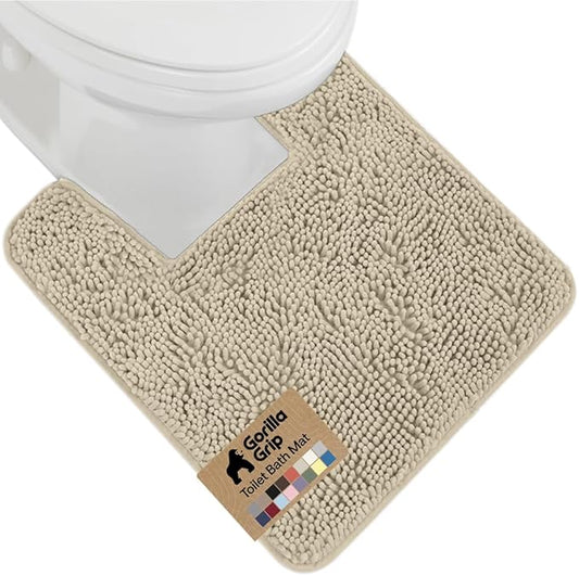 GORILLA GRIP Plush Absorbent Shaggy Chenille Bath Rug Mat for Square Toilet Base with Rubber Backing, Machine Washable Rugs, Soft Microfiber Contour Mats for Toilets, Bathroom Decor, Sand