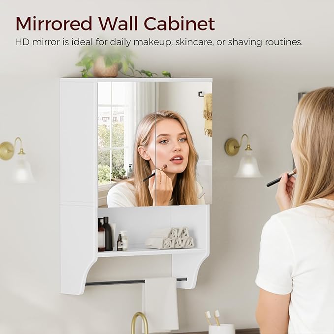 MAHANCRIS Bathroom Wall Cabinet with Mirror, Medicine Cabinet with 2 Door and Adjustable Shelf, Wall Mounted Over The Toilet Storage Cabinet for Bathroom Laundry Room Kitchen, 18.9"W x 26.2"H, White