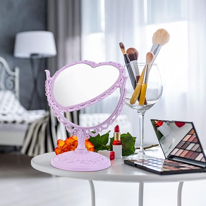 AKOAK Heart-Shaped Cosmetic Mirror - Plastic, Double-Sided, Rotatable, Lightweight - Bathroom & Bedroom Mirror (Purple)