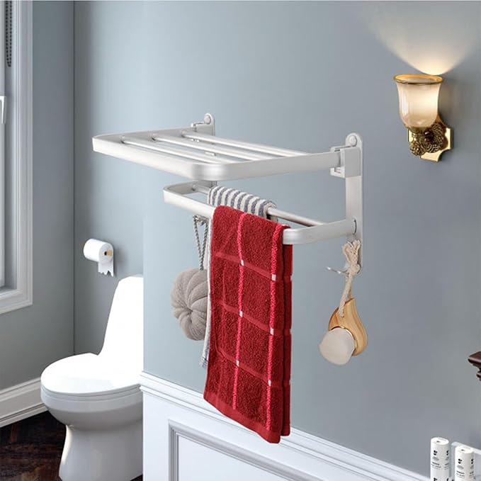 TocTen Towel Rack for Bathroom, Foldable Towel Holder with Double Towel Bars, Wall Mounted Premium Aluminum Bathroom Tower Shelf, Space-Saving Towel Hanger for Bathroom, Lavatory (Silver,16 in)