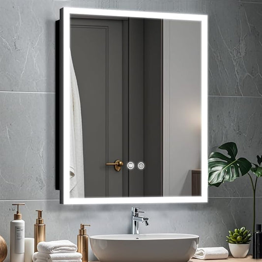 LED Medicine Cabinet with Light,20×28inch,Recess Mirror Cabinet for Bathroom,3 Color,Dimmable,Demister,Detachable Side Plate,Recess Mount or Surface Mount