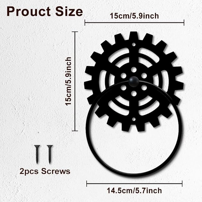 MAYJOYDIY Mechanical Gear Metal Towel Ring Gear Industrial Style Towel Holder Wall Decor Towel Hanger Black Art Towel Rack Wall Mounted for Bathroom Kitchen Home Decors Gift