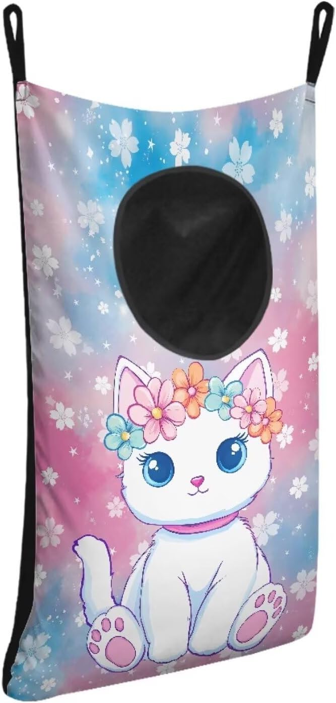 ZOUTAIRONG Cute White Cat Print Hanging Laundry Bag Over The Door Laundry Hamper Clothes Basket for Closet Toys Storage Organizers Home Bedroom Space Saving Hampers
