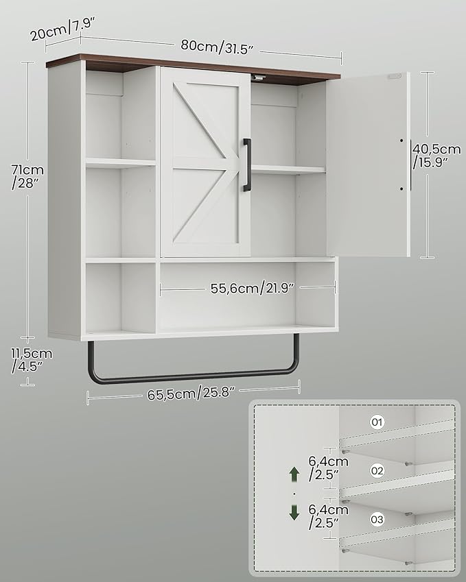 CHOEZON Bathroom Wall Cabinet, Medicine Cabinet Wall Mounted, Over Toilet Storage Cabinet, Wall Cabinet with Towel Bar, Open and Hidden Storage Space, for Bathroom Living Room Kitchen White and Walnut