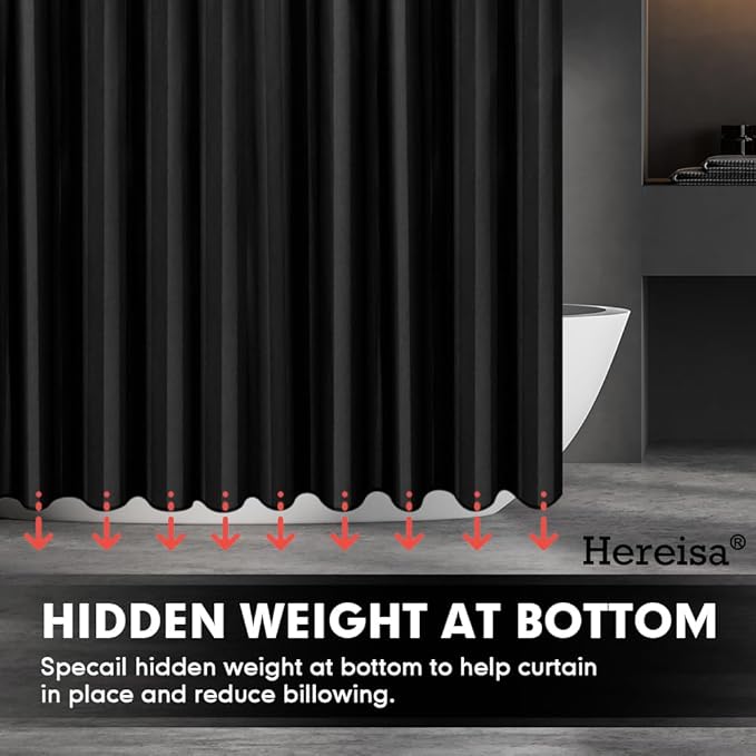 Strip Black Fabric Shower Curtain with Magnets - 85 GSM Heavy Duty Waterproof Bath Curtain, 12 Reinforced Metal Grommets (72x72 Inches)