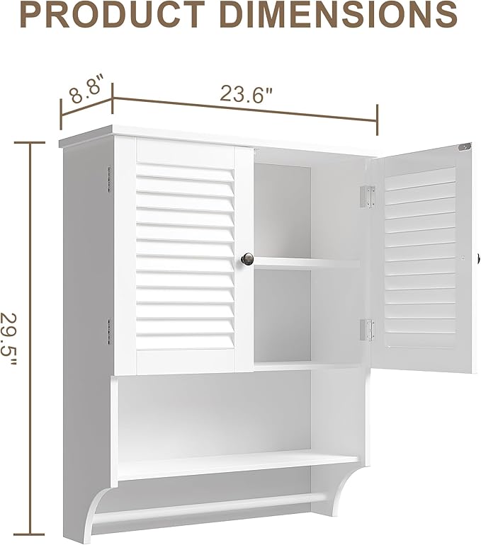 ChooChoo Medicine Cabinet with Towels Bar, 23.6" L x 8.8" W x 29.5" H MDF Material Bathroom Wall Cabinet, 2 Doors Over The Toilet Space Saver Storage Cabinet with Large Space, White