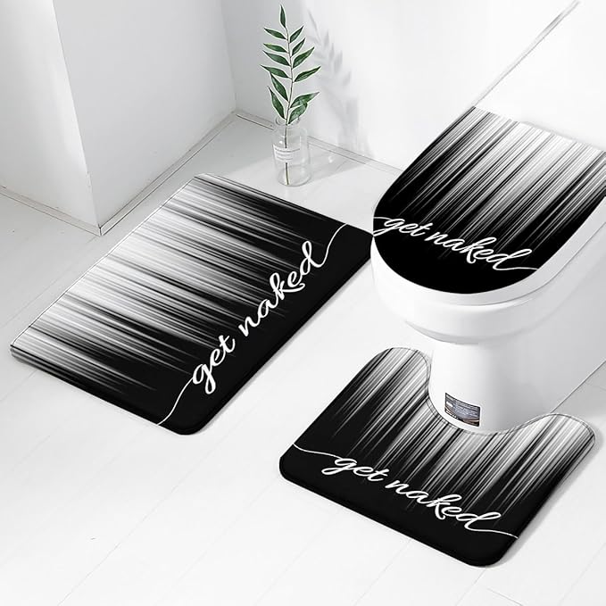 AAtter 4 Piece Black and White Shower Curtain Set Get Naked Grey Silver Ombre Abstract Striped 60Wx72L Curtains Decor with Non-Slip Rugs, Toilet Lid Cover and Bath Mat Bathroom Accessories, Modern