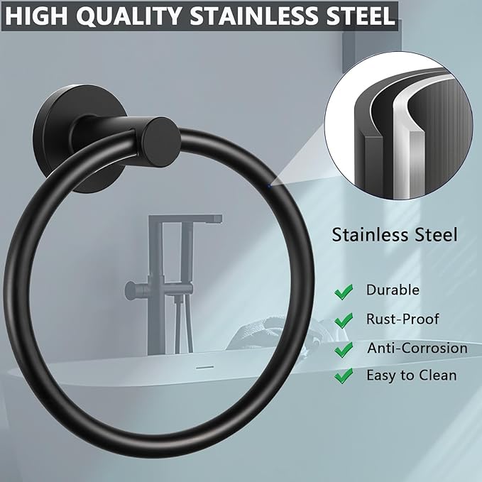 WOOPHEN Hand Towel Ring, Thicken Stainless Steel Bath Towel Holder Modern Round Towel Hanger Wall Mounted for Bathroom, Kitchen (Matte Black)