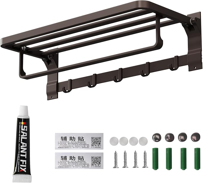 90° Foldable Towel Racks for Bathroom Wall Mounted with Rustproof Aluminum Towel Bar5 Towel Hooks 23IN Shelves Organizers Storage for RV Hotel Lavatory Kitchen Home Decor, Matte Gun Grey
