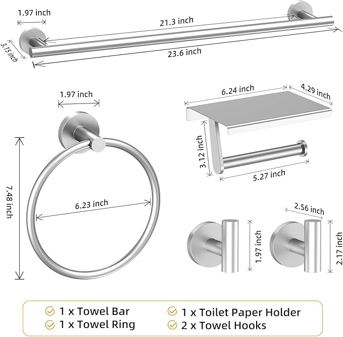 Brushed Nickel 5-Piece Bathroom Hardware Set, SUS304 Stainless Steel, Round Towel Bar, Towel Ring, Toilet Paper Holder, 2 Robe Hooks, Concealed Mount, Wall Mounted Accessories for Bathroom