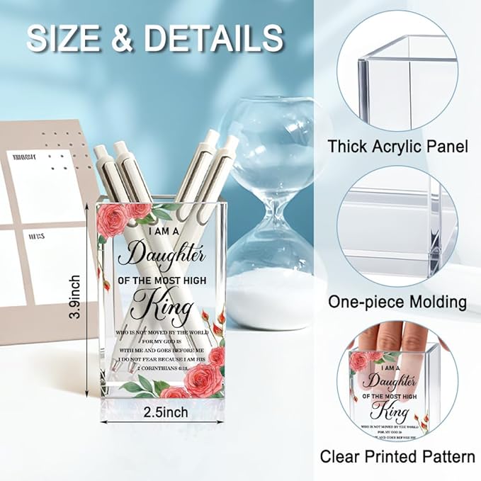 I Am A Daughter of The Most High King Acrylic Pencil Holder Cup, Bible Verse Inspirational Pen Holder for Home Desk, 2 Corinthians 6:18 Christian Gifts for Women Girls, Makeup Brushes Organizer