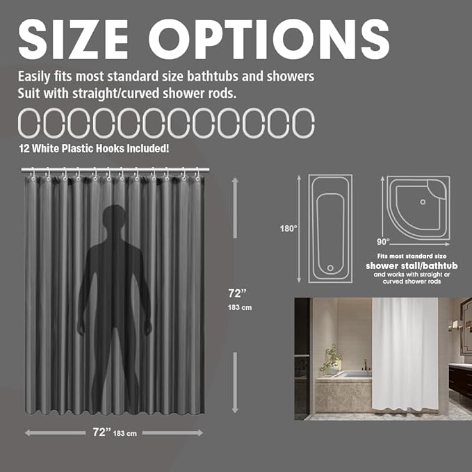 Strip Grey Fabric Shower Curtain with Magnets - 85 GSM Heavy Duty Waterproof Bath Curtain, 12 Reinforced Metal Grommets (72x72 Inches)
