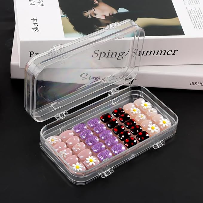 Tri-Fold Portable Press on Nail Storage Box, 4-Page Clear Press on Nails Organizer Box with 30 Pcs Adhesive Double Sided Tape, Clear PET Plastic Travel Holder