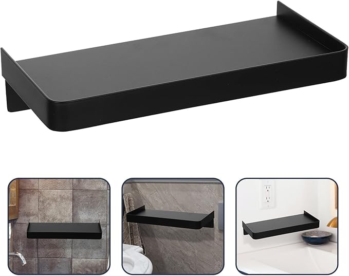 TOYANDONA Self-Adhesive Small Stainless Steel Phone Shelf for Bathroom Wall, Floating Metal Phone Rack with Wipes Storage, Black Non-Drilling Wall-Mounted Shelf for Bathroom Use