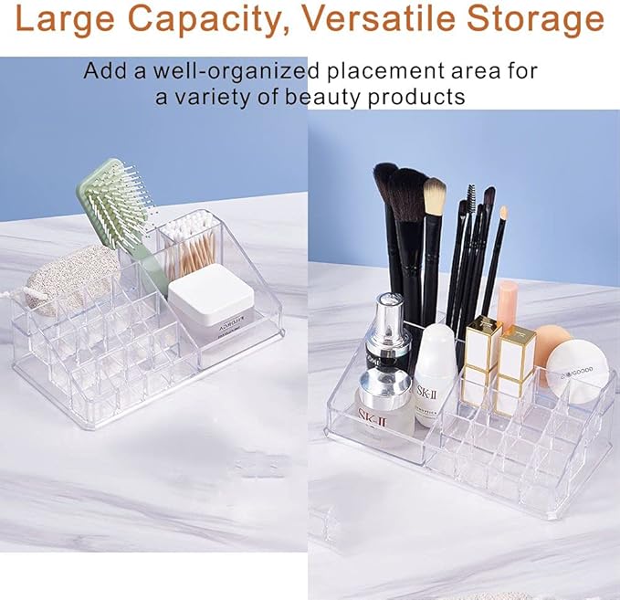 Clear Makeup Organizer, 12-Lipstick Slots and 4-Compartments Cosmetic Storage Display Case, Makeup Accessories Storage Stand for Lipstick, Brushes (Medium)